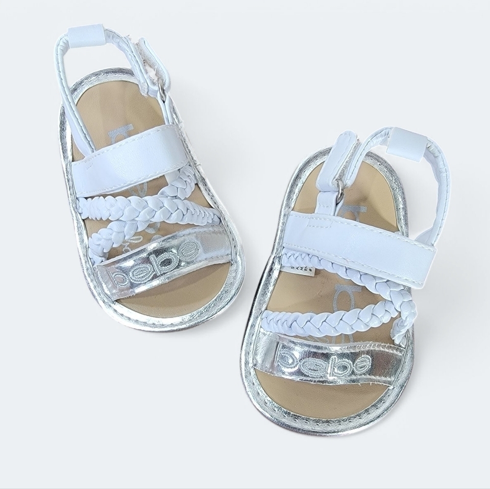 Bebe Silver and White Sandals Toddler Size 2 Braided With Ankle Strap